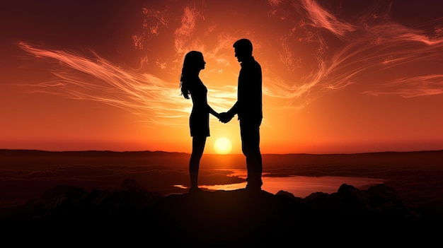 Couple, main dans la main, face à face, au coucher du soleil, silhouette, concept
