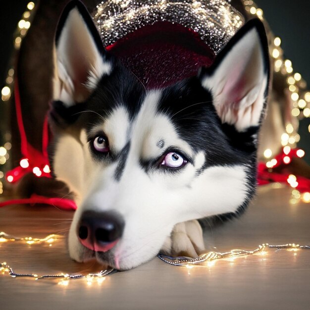 Un couple à la maison à Noël en train de profiter de leur chien