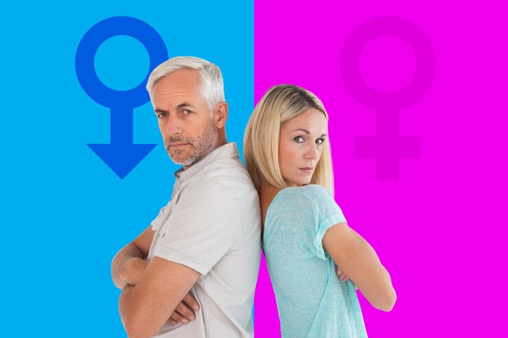 Photo couple malheureux ne se parlant pas contre le rose et le bleu