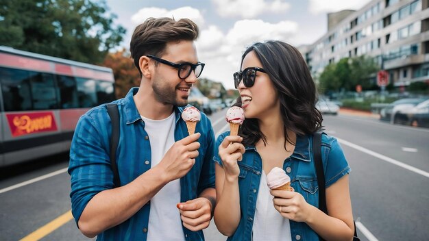 Photo un couple mangeant de la crème glacée en voyage.