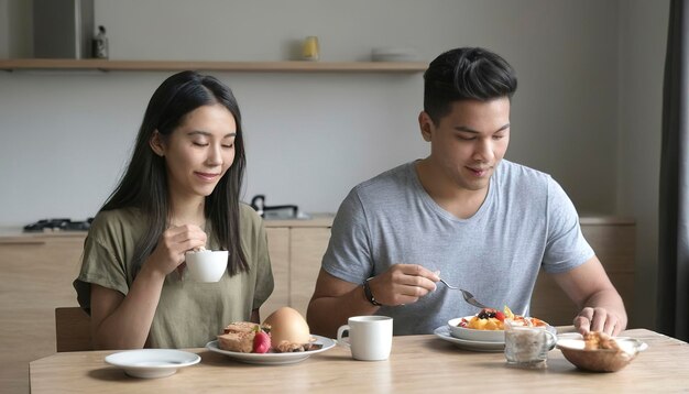 Couple mangeant le petit déjeuner le matin Ensemble