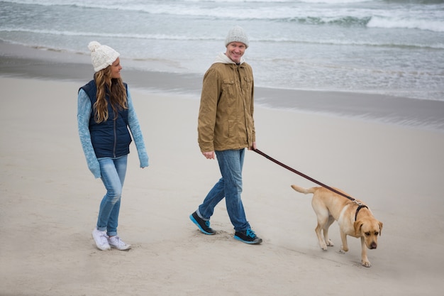 Couple marchant avec chien de compagnie