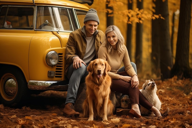 Couple marchant avec des chiens dans les propriétaires de forêt d'automne avec un labrador doré se relaxant près de la voiture