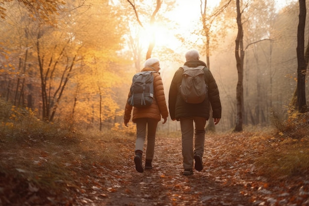 Couple marchant dans les bois avec le soleil qui brille sur eux