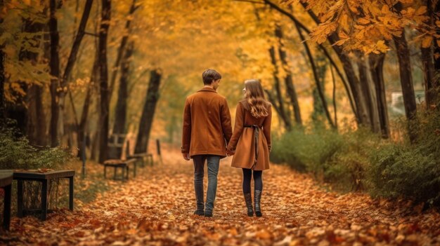 Couple marchant dans la forêt d'automne