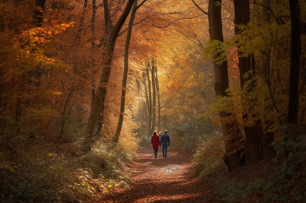 Un couple marchant dans une forêt avec des feuilles d'automne