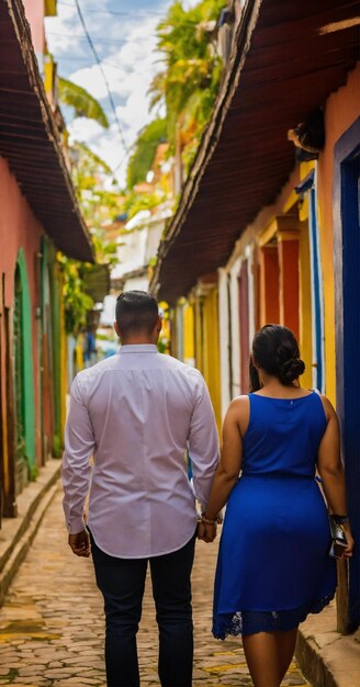 Photo un couple marchant dans une rue avec des maisons colorées en arrière-plan