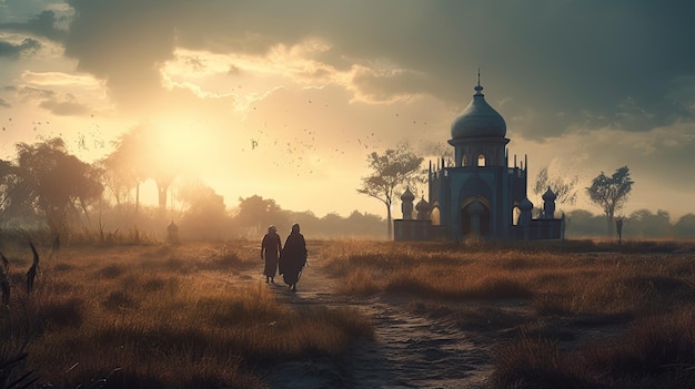 Un couple marchant devant un taj mahal