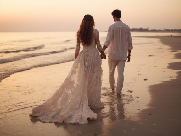 Un couple marchant sur la plage main dans la main