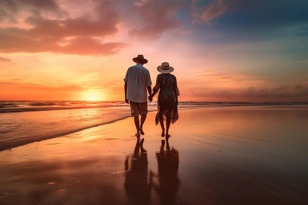 Couple marchant sur une plage main dans la main