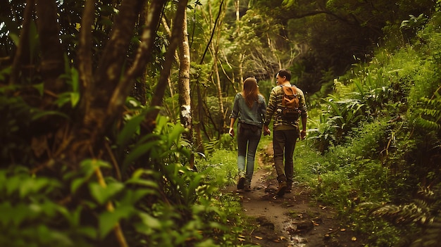 un couple marchant sur un sentier dans la jungle