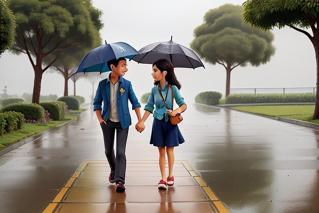 Couple marchant sur un sentier sous la pluie