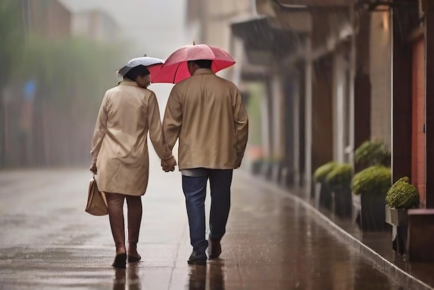 Couple marchant sur un sentier sous la pluie