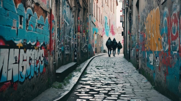 Un couple marche dans la rue à côté de graffitis