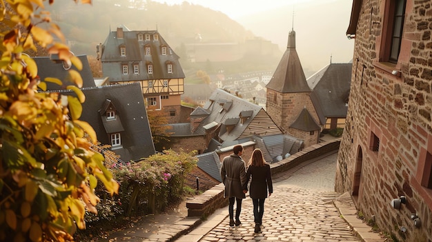 Photo un couple marche dans une rue pavée d'une petite ville européenne.