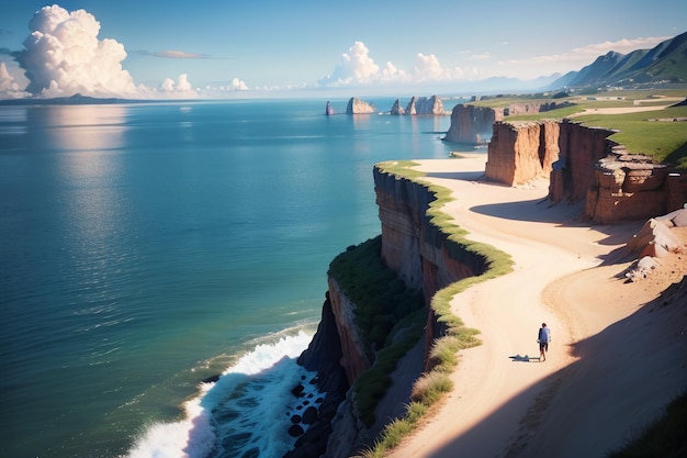 Un couple marche le long d'une falaise surplombant l'océan.