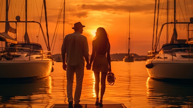 Un couple marche sur un quai et le soleil se couche derrière eux.