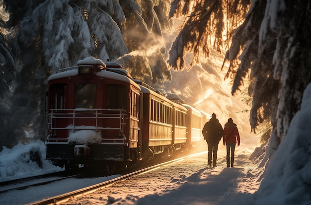 Un couple marche sur une route enneigée à côté du train.