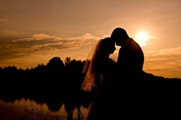 Photo couple de mariage au coucher du soleil
