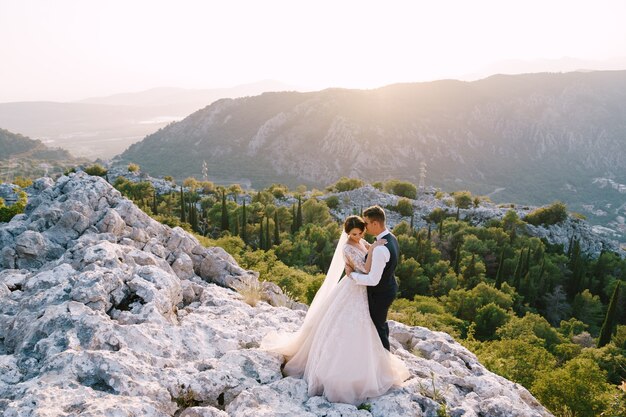 Un couple de mariage se dresse au sommet d'une montagne