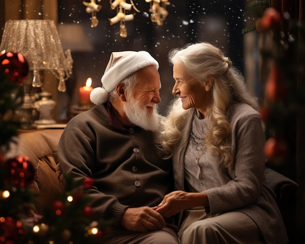 Un couple marié âgé fête Noël ensemble.