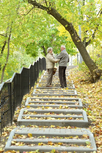 Couple marié d'âge mûr s'amusant à l'air frais en automne