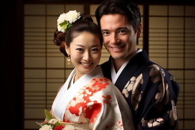 couple marié japonais souriant posant ensemble dans des vêtements traditionnels kimono et fond de style hakama bokeh