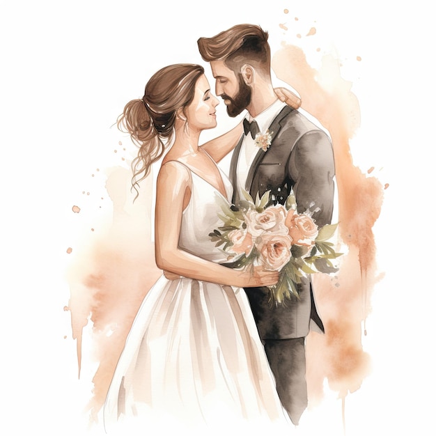 Un couple de mariés à l'aquarelle