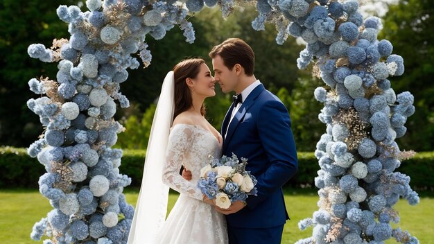 Photo un couple de mariés attrayants et amoureux se tiennent à l'extérieur près de la belle voûte faite de flux bleu