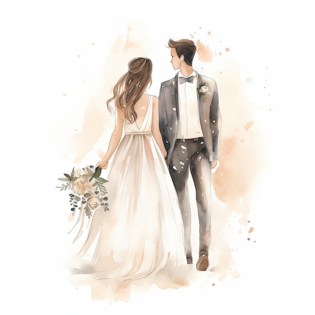 Couple de mariés de dessins animés en aquarelle sur fond blanc