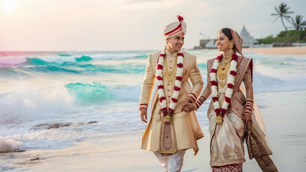 Photo un couple de mariés hindous se promènent le long du rivage de l'océan.