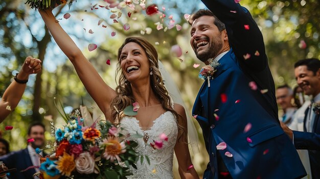 Un couple de mariés incroyablement souriants, une jolie mariée et un marié élégant.