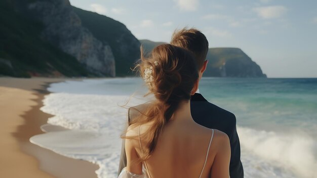 Le couple de mariés, la mariée et le marié amoureux, marchent vers le bas pour l'amour éternel.