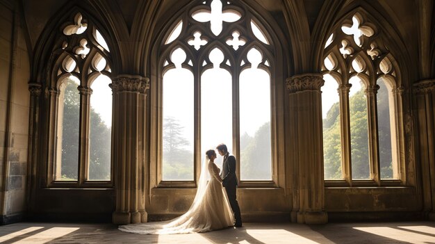 Couple de mariés et de mariées se tenant la main s'embrassant romantiquement à l'intérieur du bâtiment Image générée par l'IA