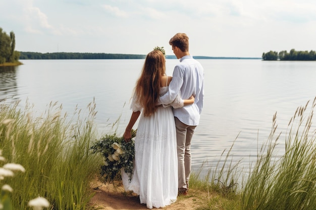 Couple de mariés romantiques amoureux debout du lac Sea Eye en Pologne