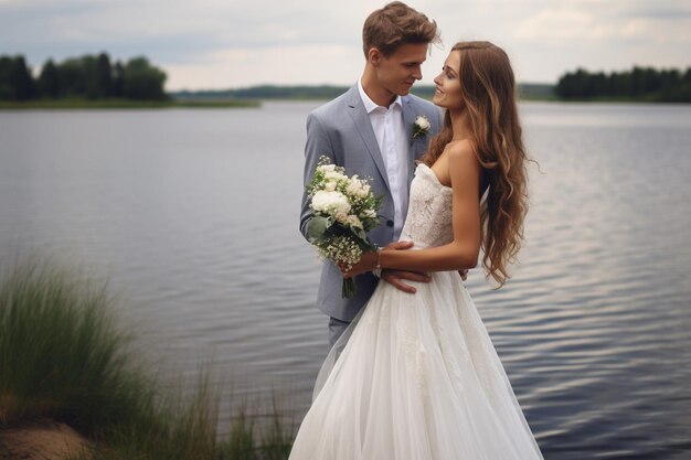 Couple de mariés romantiques amoureux debout du lac Sea Eye en Pologne