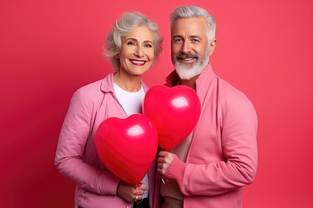 Un couple mature avec des ballons en forme de cœur regardant la caméra sur un fond rouge.