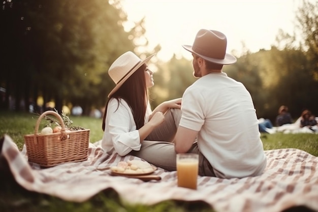 Couple méconnaissable assis sur une couverture dans un parc en train de pique-niquer et de rire