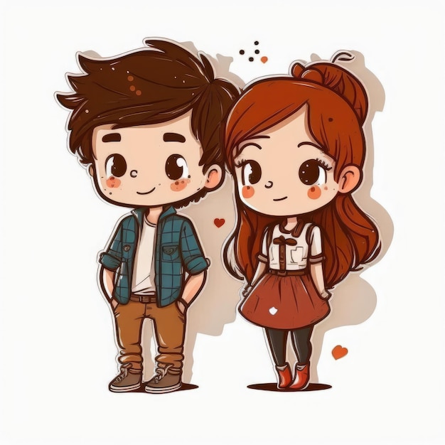 Photo couple mignon dessin animé heureux valentinelover personnage illustration fond blanc fait par aiintelligence artificielle