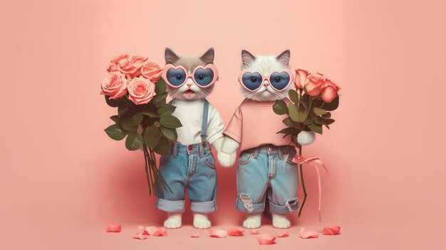 Couple mignon et drôle tenant un chat avec un bouquet de roses dans le concept du jour de la Saint-Valentin