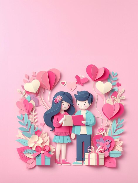 Couple mignon Jour de la Saint-Valentin et mariage papier art papier coupé génératif ai illustration art