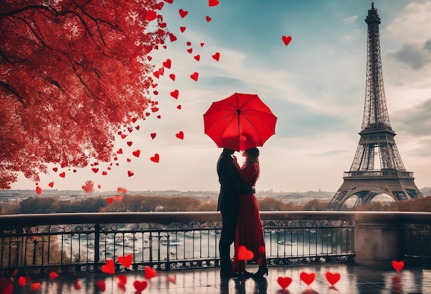 Un couple mignon profitant de la Saint-Valentin à l'intérieur de la tour Eiffel avec des cœurs et un beau fond