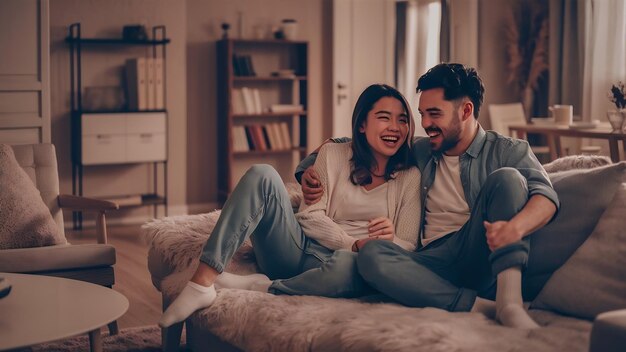 Photo un couple de milléniaux heureux se détendant sur un canapé confortable à la maison.