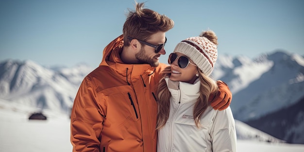 Un couple à la mode amoureux en tenue de sport skiant sur la montagne par un froid jour d'hiver