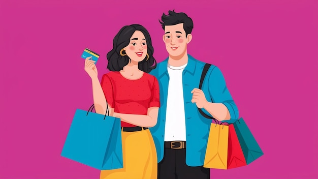 Un couple à la mode avec une carte de crédit et des sacs à courses.