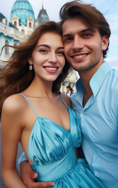 Un couple de mode en vogue heureux prenant des selfies avec des vêtements de couleur claire solide et brillante en été