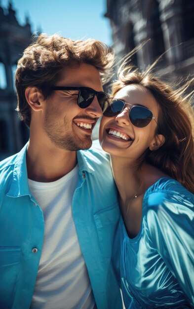 Un couple de mode en vogue heureux prenant des selfies avec des vêtements de couleur claire solide et brillante en été