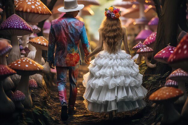 Photo couple multiculturel marchant dans une forêt mystérieuse avec des champignons colorés