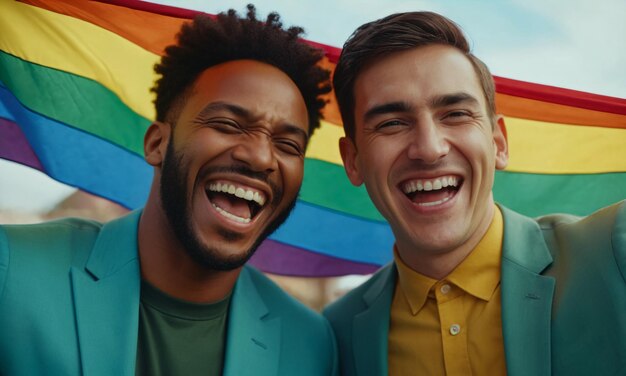 Photo un couple multiethnique heureux de jeunes homosexuels qui célèbrent le mois de la fierté avec un drapeau arc-en-ciel