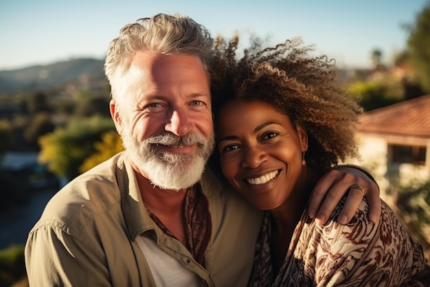 Couple multiethnique prenant un selfie généré par l'IA